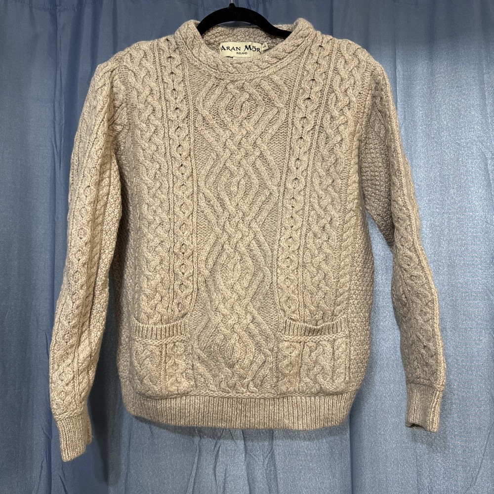ARAN MOR Ireland Womens L 100% Merino Wool Cable Knit Chunky Sweater